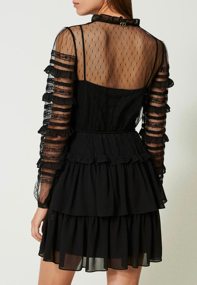 Abito corto in tulle plumetis e pizzo Twin set
