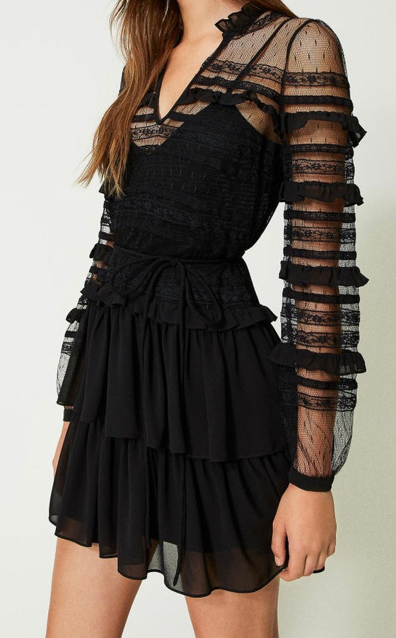 Abito corto in tulle plumetis e pizzo Twin set