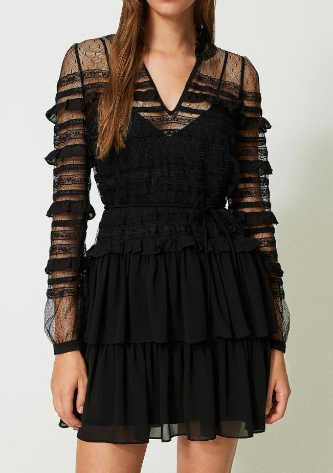 Abito corto in tulle plumetis e pizzo Twin set