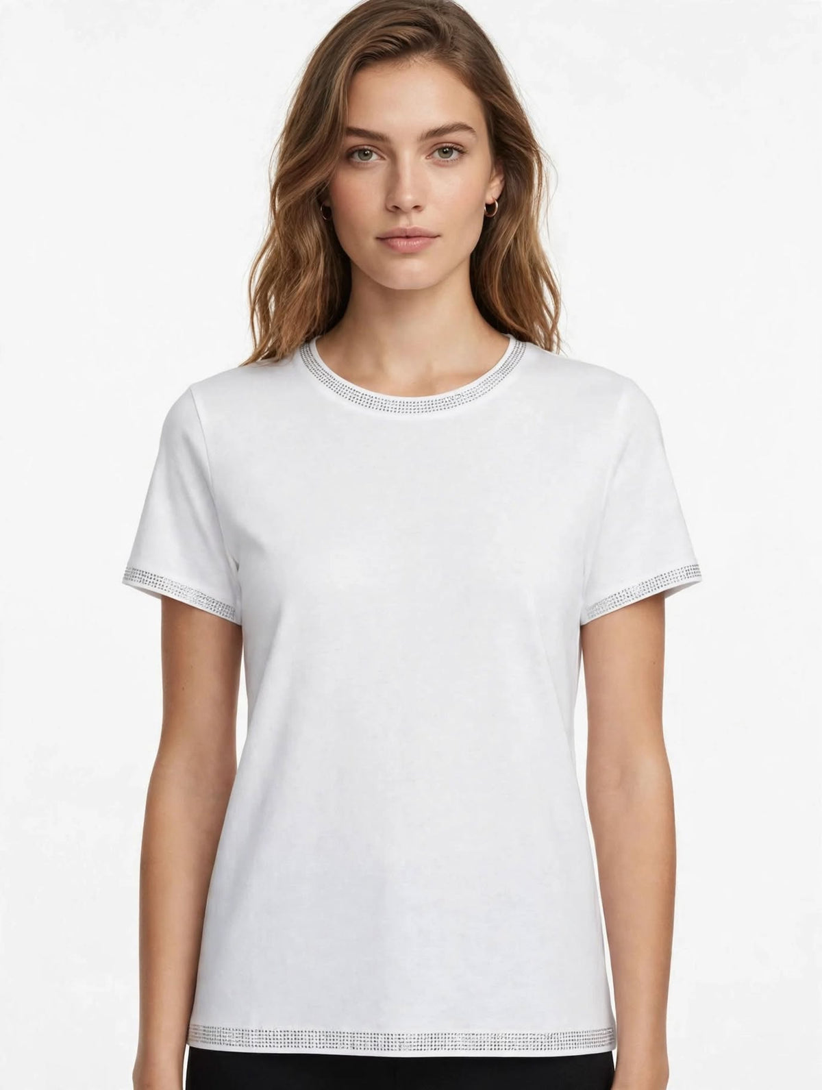 T-shirt Emme Marella con Brillantini Collo e Fondo - Bianco