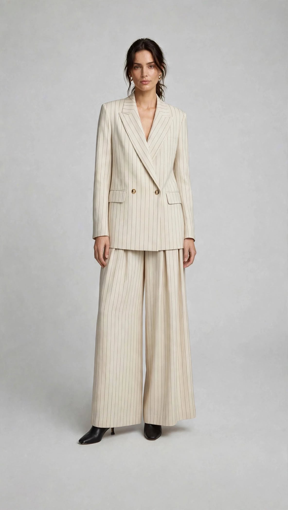 Completo Donna Civico 1 - Blazer Doppiopetto + Pantalone Palazzo Gessato Beige