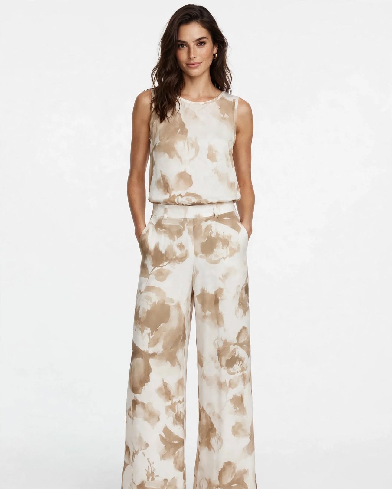 Completo Donna Nuvola - Top Smanicato + Pantalone Palazzo Floreale Beige Avorio