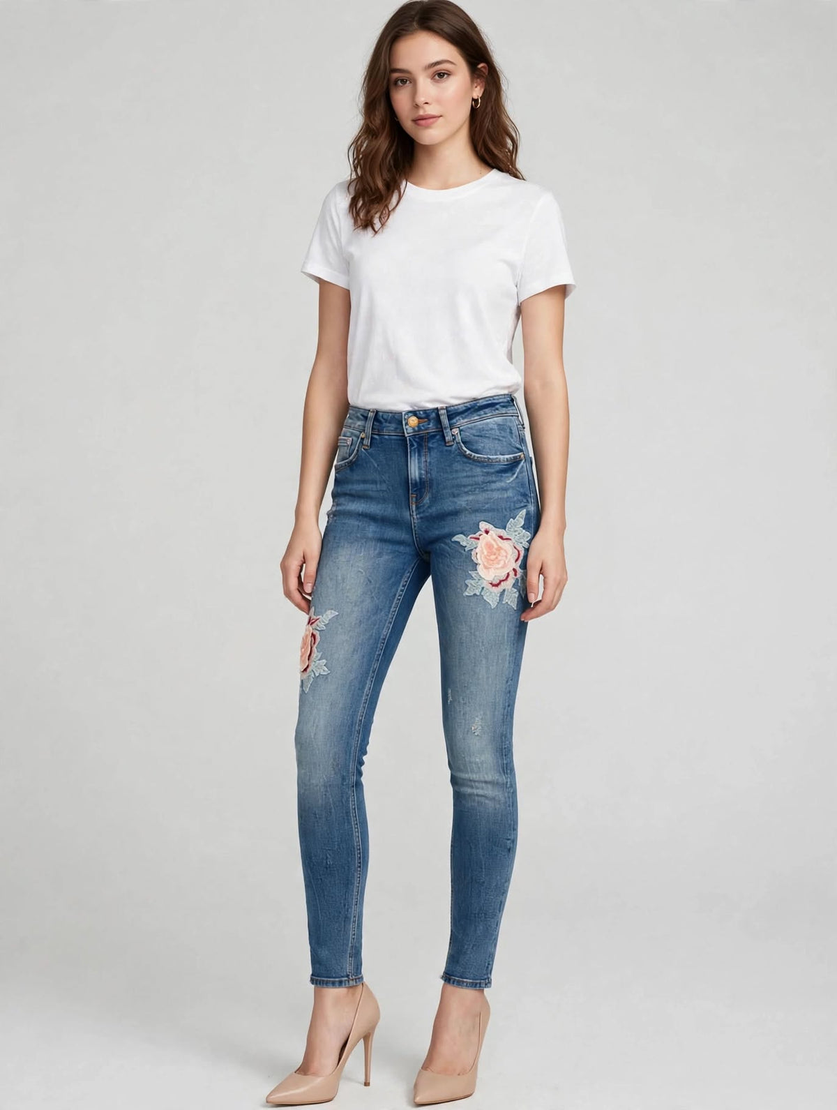 Jeans Liu Jo Donna Skinny con Ricamo Floreale 3D Rosa