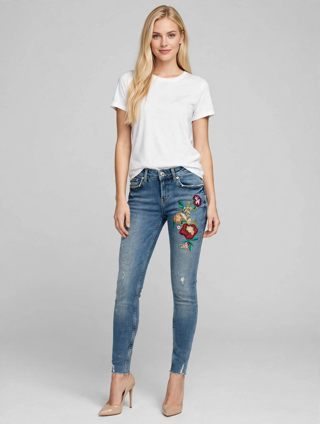Jeans Liu Jo Donna Skinny Ricamo Floreale Rosso Bordeaux