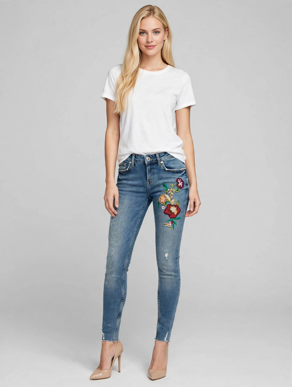 Jeans Liu Jo Donna Skinny Ricamo Floreale Rosso Bordeaux