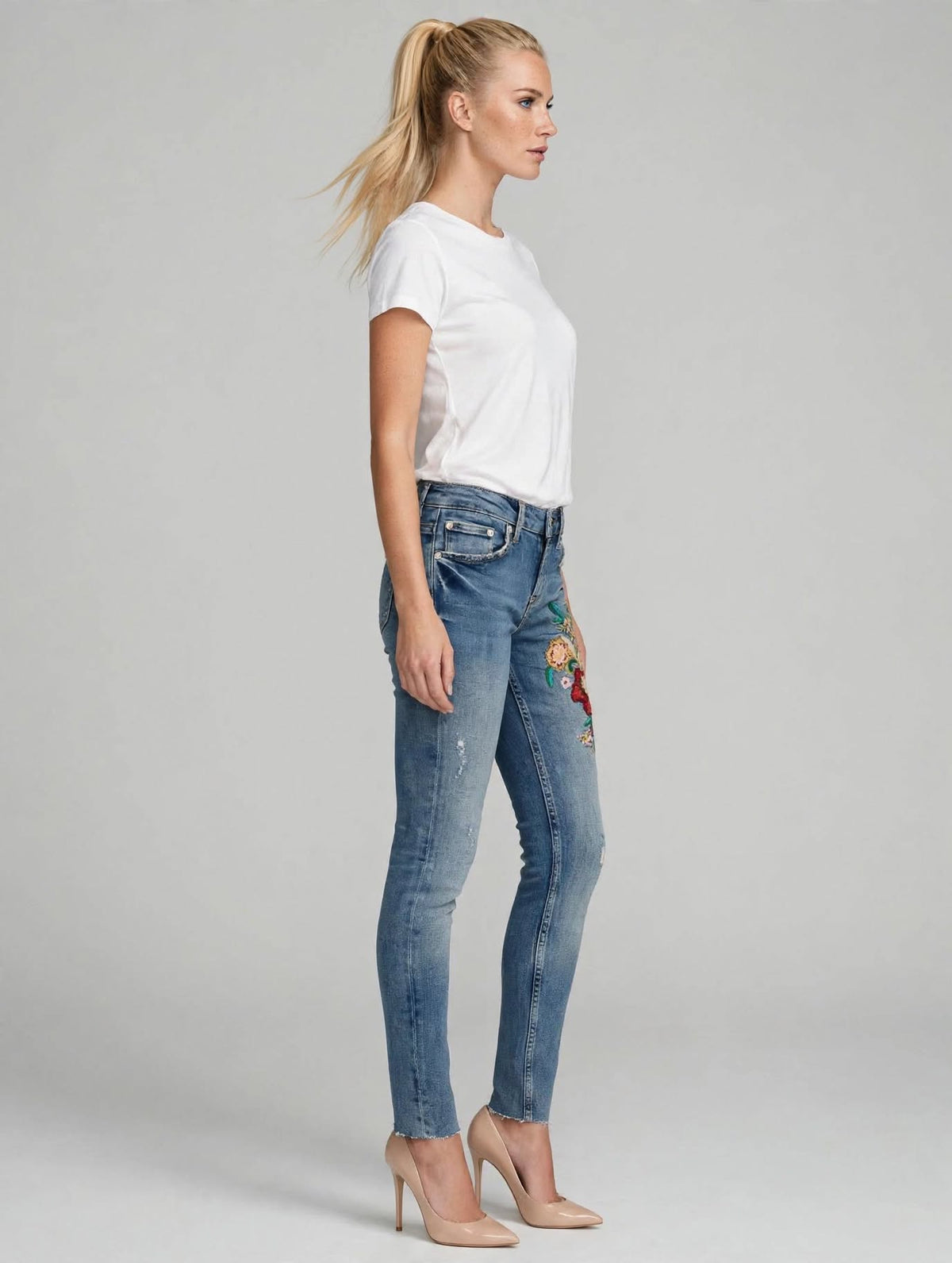 Jeans Liu Jo Donna Skinny Ricamo Floreale Rosso Bordeaux