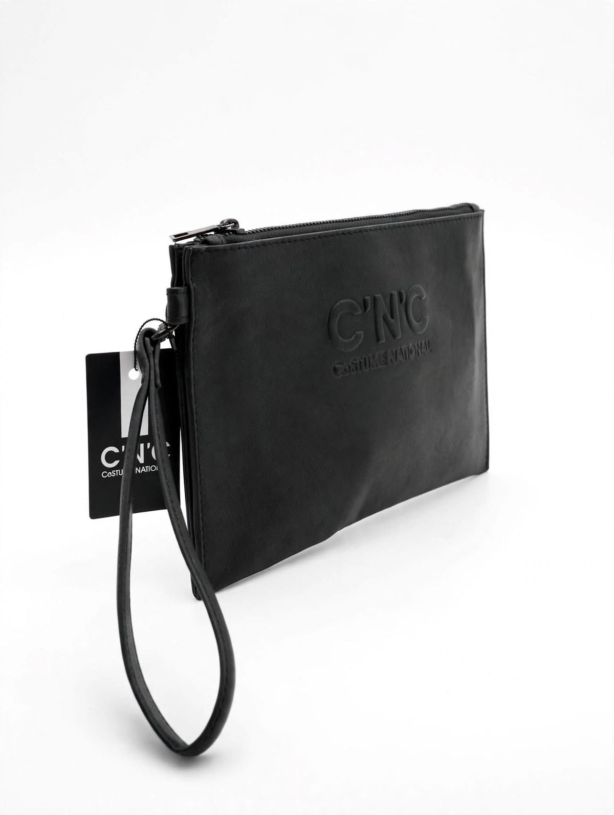 Pochette C'N'C Costume National Uomo/Donna Nera - Logo Embossed in Rilievo con Polsiera - Clutch con Zip
