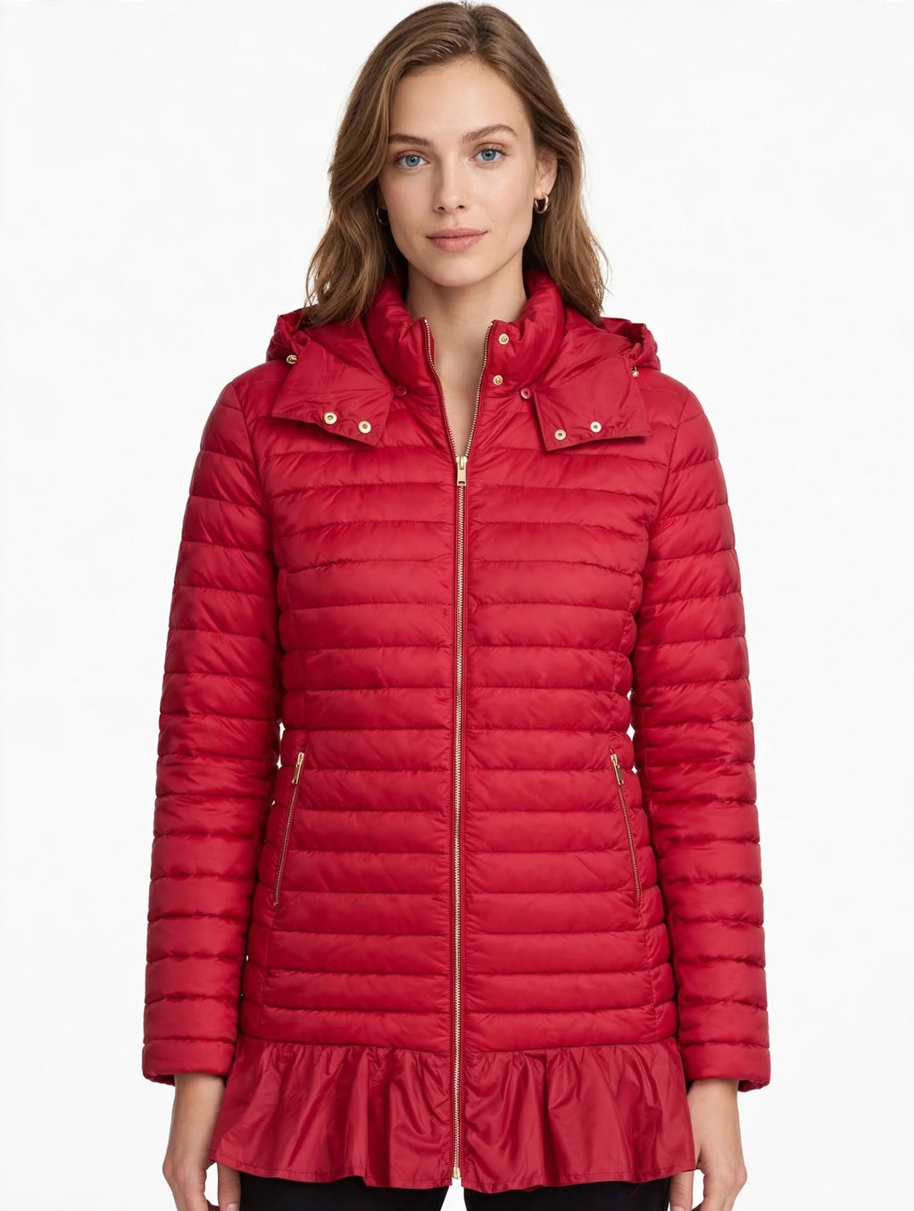 Piumino Donna TWINSET MILANO Lampone Rosso con Balza e Cappuccio