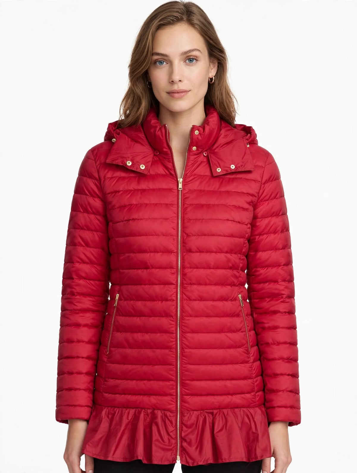 Piumino Donna TWINSET MILANO Lampone Rosso con Balza e Cappuccio