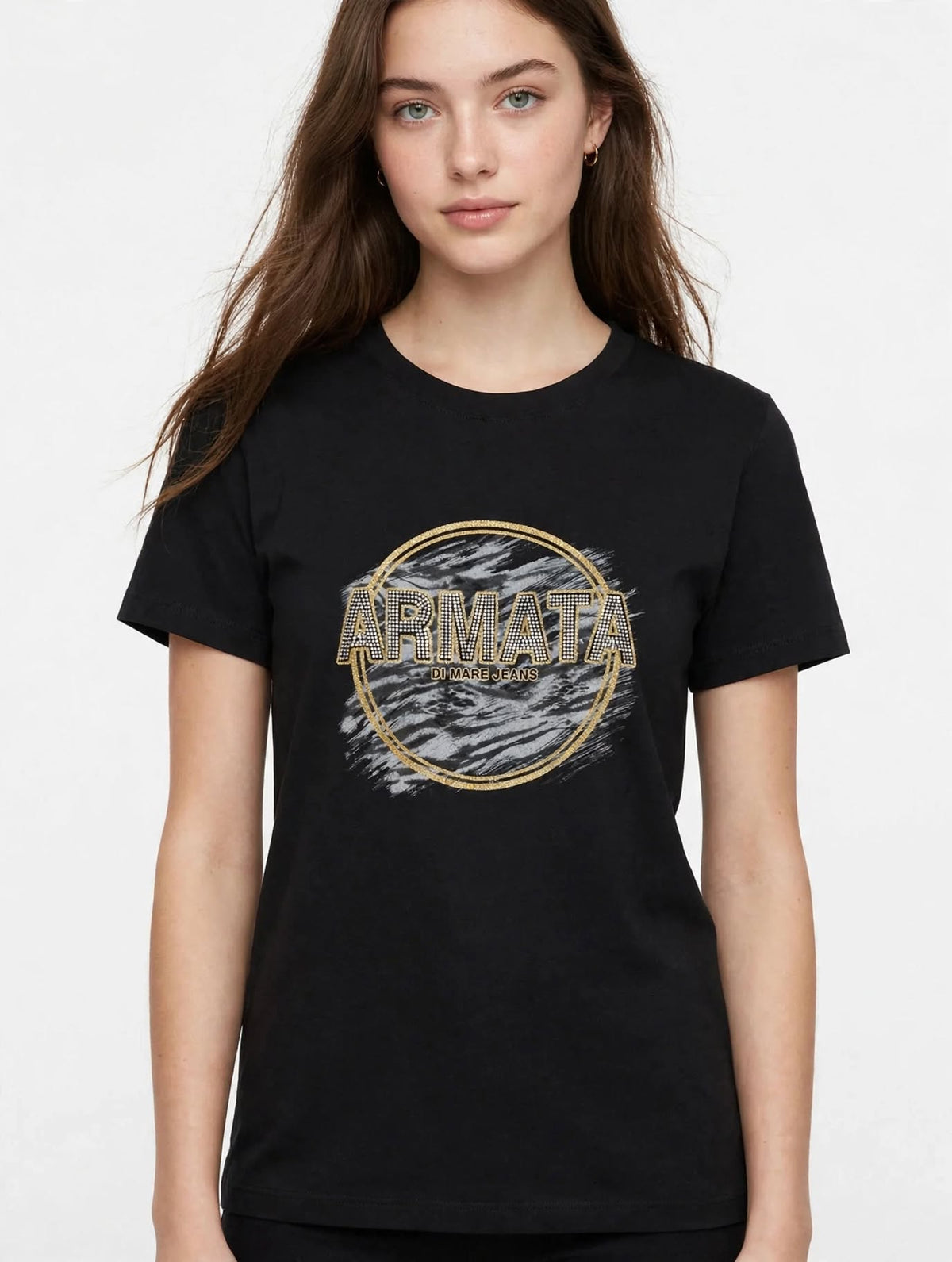 T-shirt Donna Armata di Mare Jeans Nera Logo Strass Oro