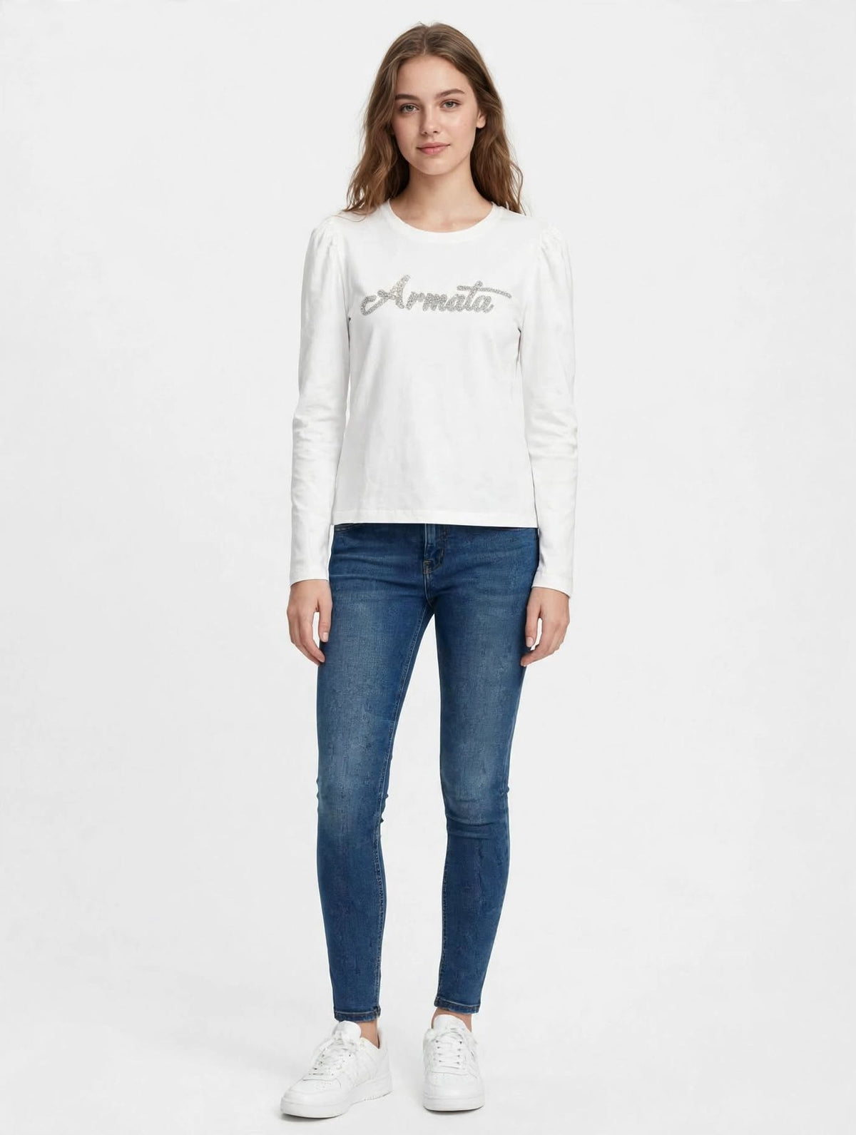 Maglia Donna Armata di Mare Bianca Manica Lunga Sbuffo con Strass