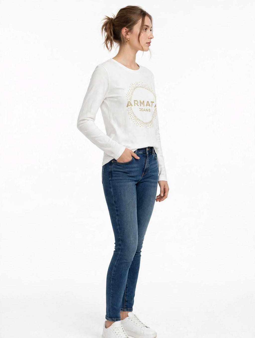 Maglia Donna Armata di Mare Jeans Bianca Manica Lunga Cerchio Strass Oro