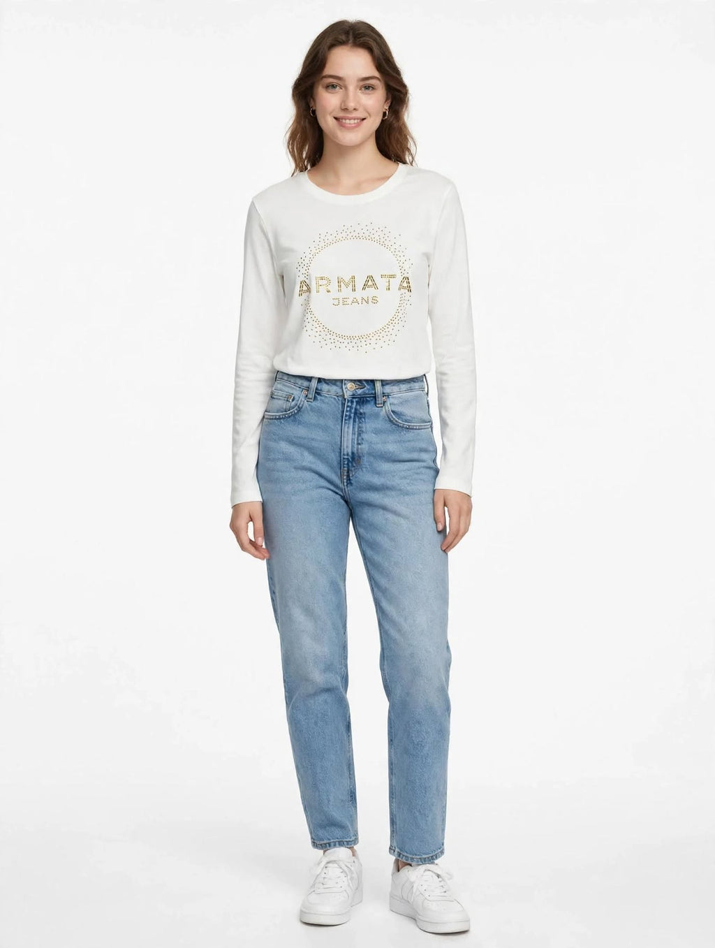 Maglia Donna Armata di Mare Jeans Bianca Manica Lunga Cerchio Strass Oro