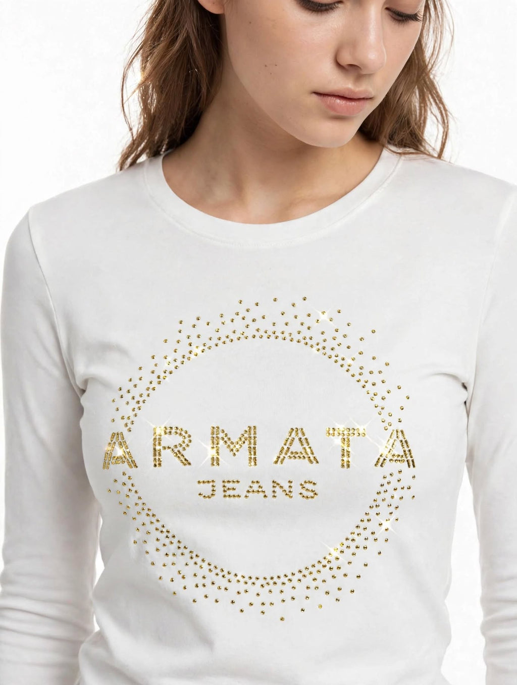 Maglia Donna Armata di Mare Jeans Bianca Manica Lunga Cerchio Strass Oro