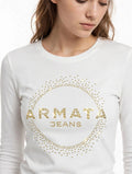 Maglia Donna Armata di Mare Jeans Bianca Manica Lunga Cerchio Strass Oro