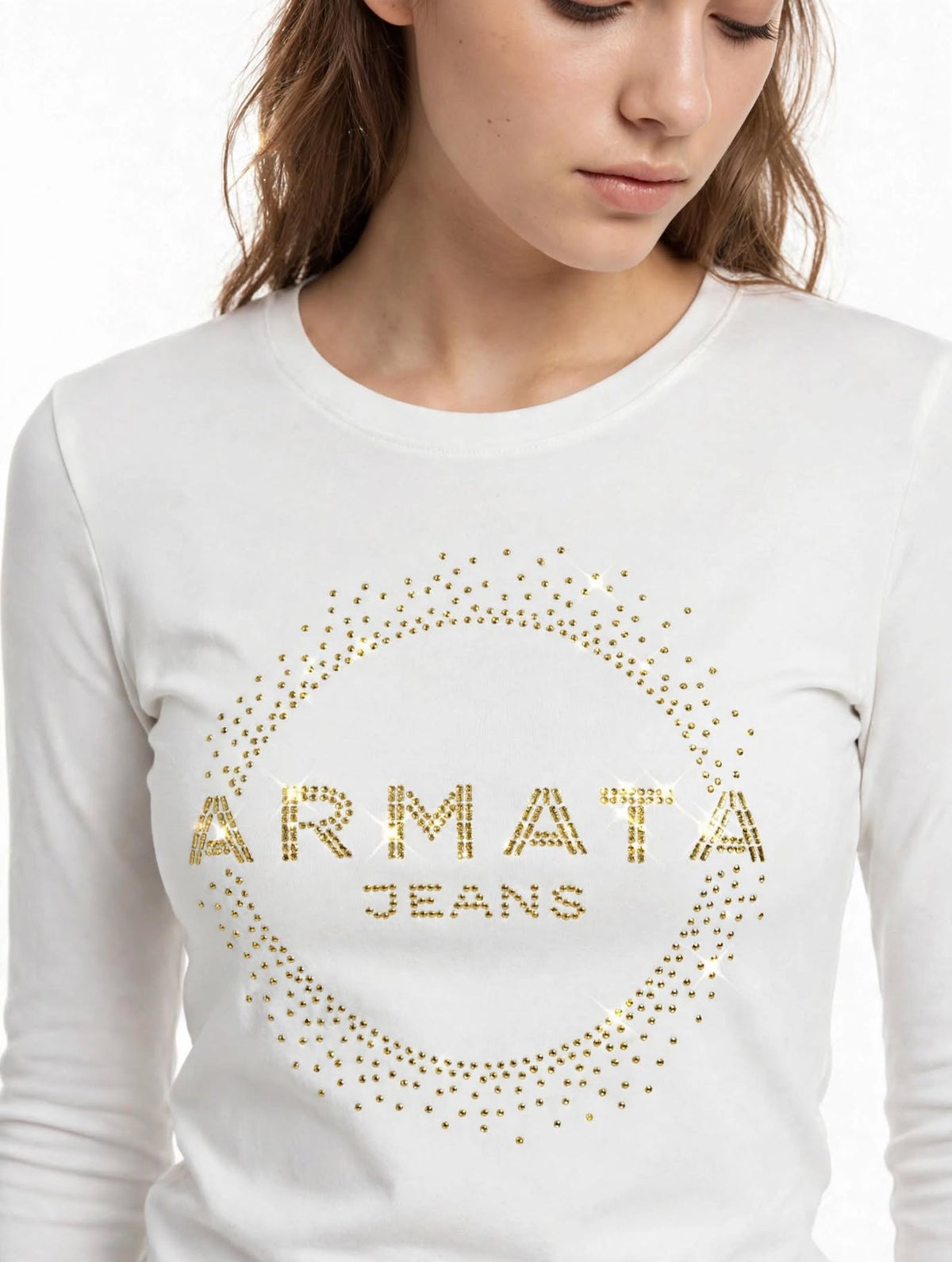 Maglia Donna Armata di Mare Jeans Bianca Manica Lunga Cerchio Strass Oro