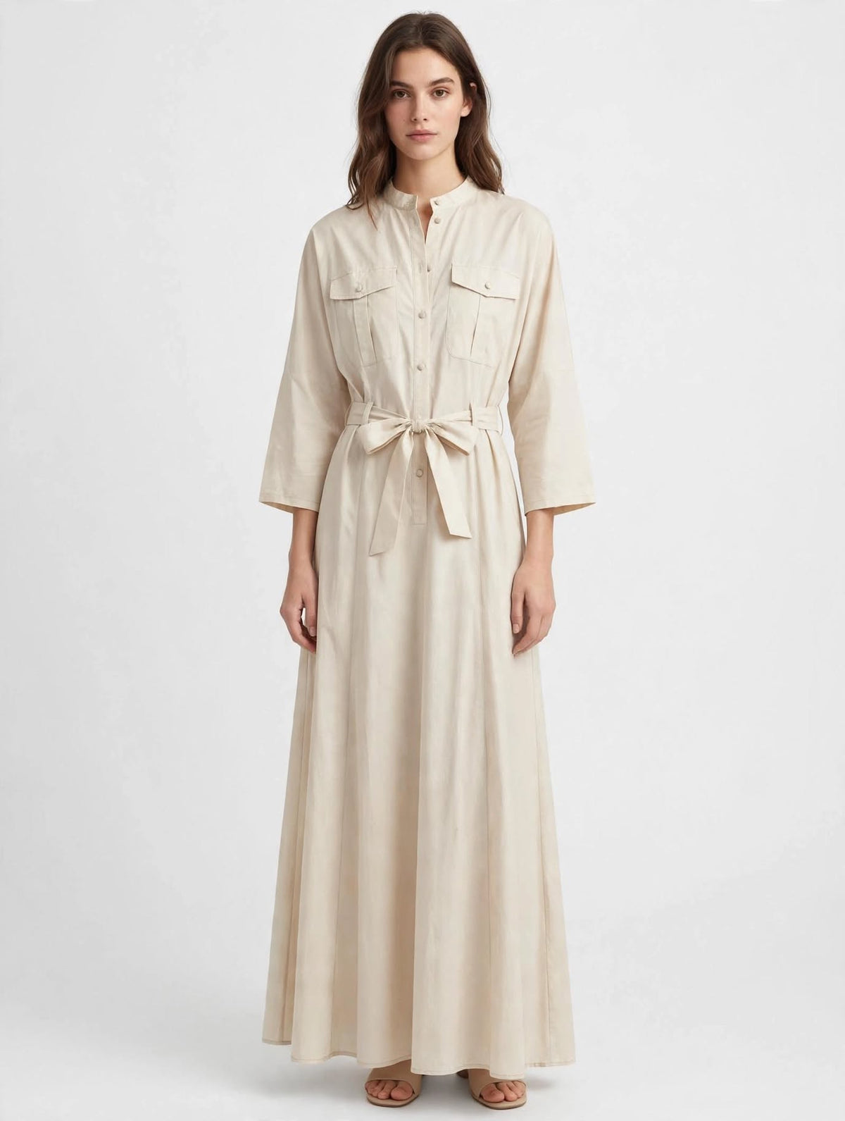 MANILA GRACE - Abito Chemisier Lungo Beige Burro con Cintura e Tasconi - Dress