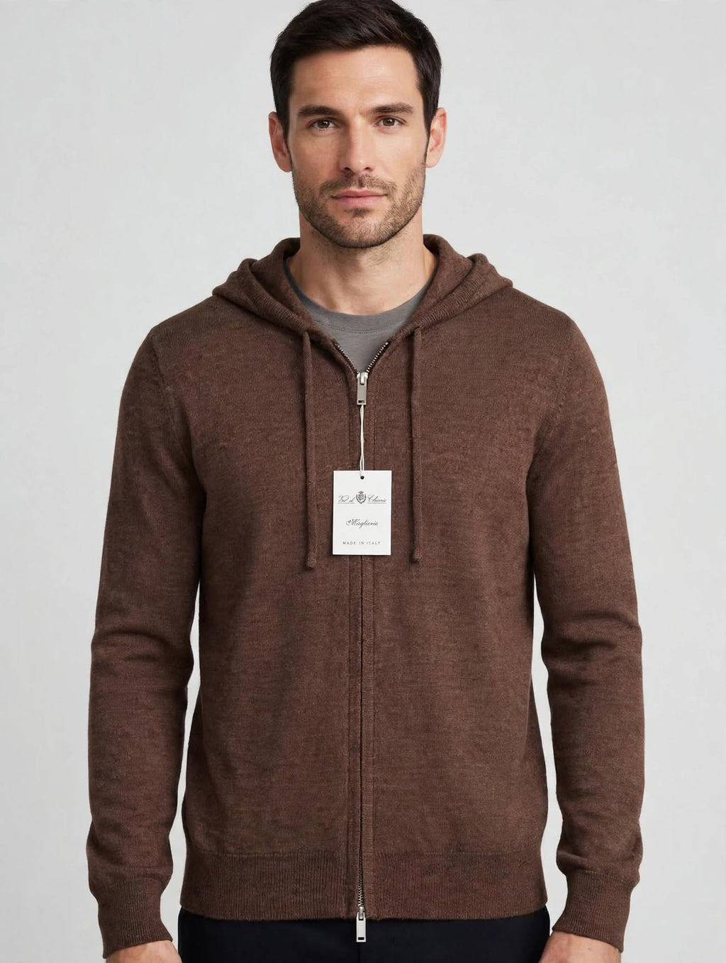 Cardigan con Cappuccio Uomo- Zip Doppia in Lana Marrone/Nero/Blu