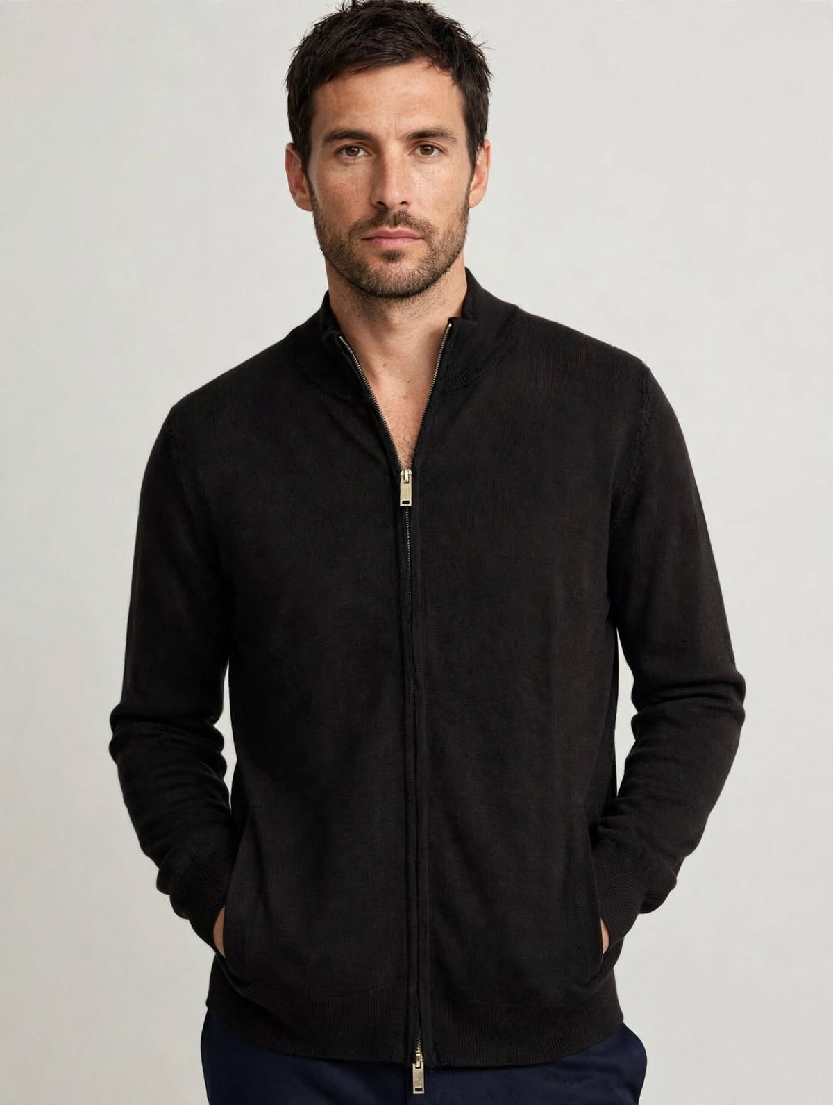 Cardigan Uomo Full Zip Collo Alto Marrone Mélange/Blu/nero 70% Lana Made in Italy