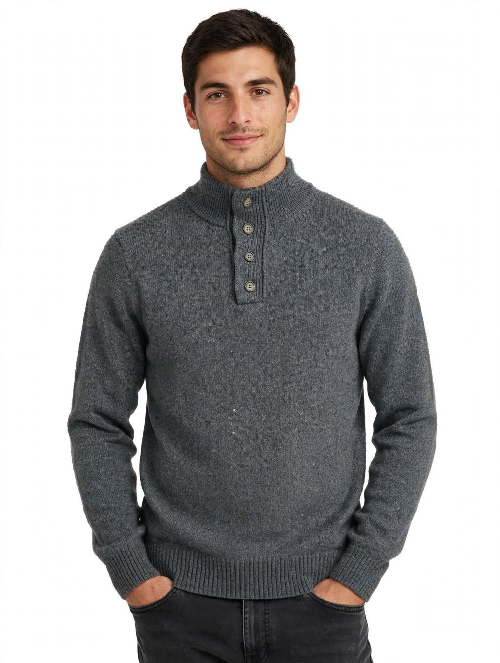 Maglione Uomo Collo Alto con Bottoni Val di Chiana - Grigio Melange - Made in Italy