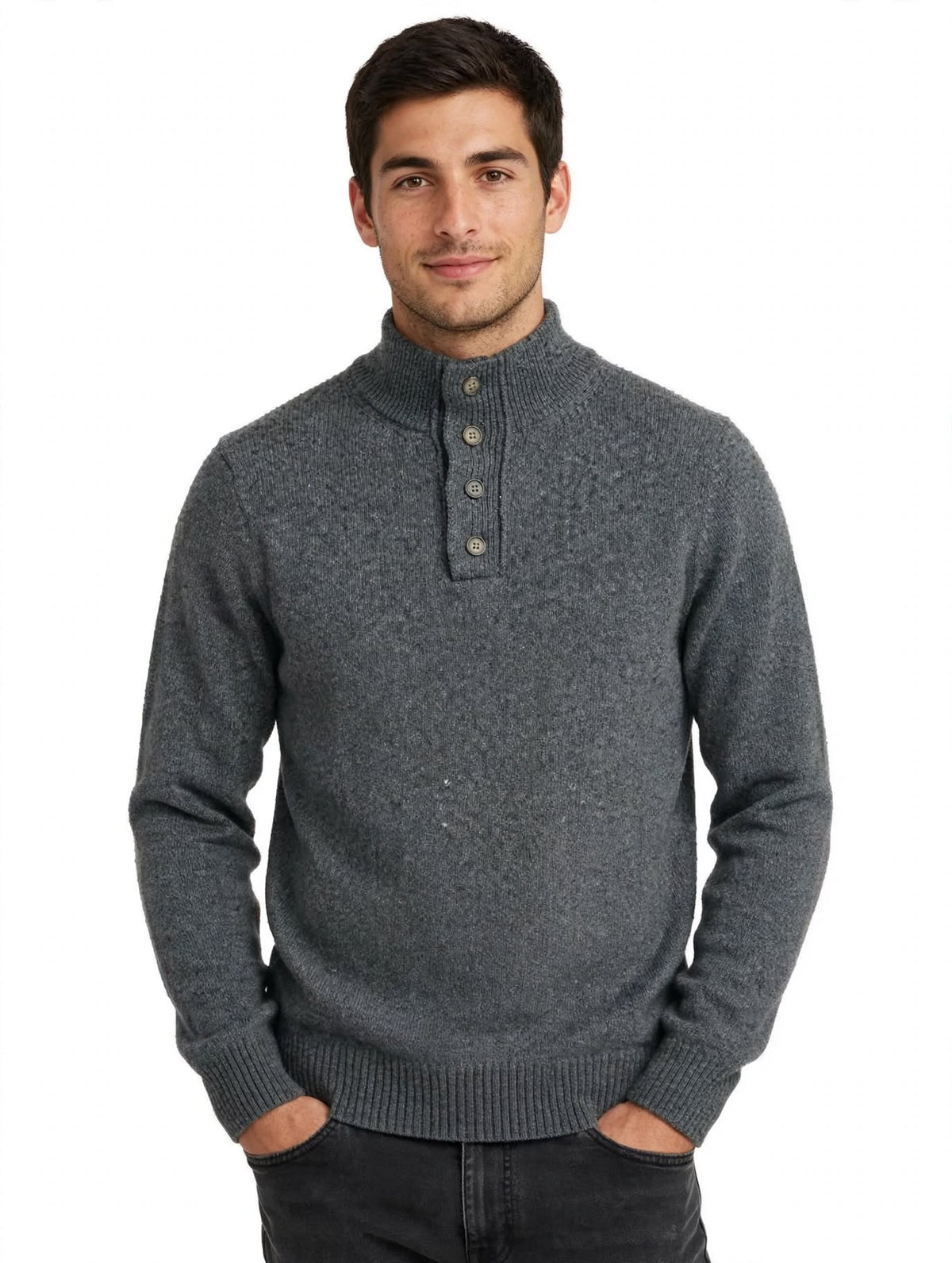 Maglione Uomo Collo Alto con Bottoni Val di Chiana - Grigio Melange - Made in Italy