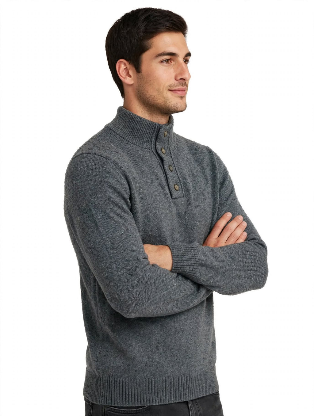 Maglione Uomo Collo Alto con Bottoni Val di Chiana - Grigio Melange - Made in Italy
