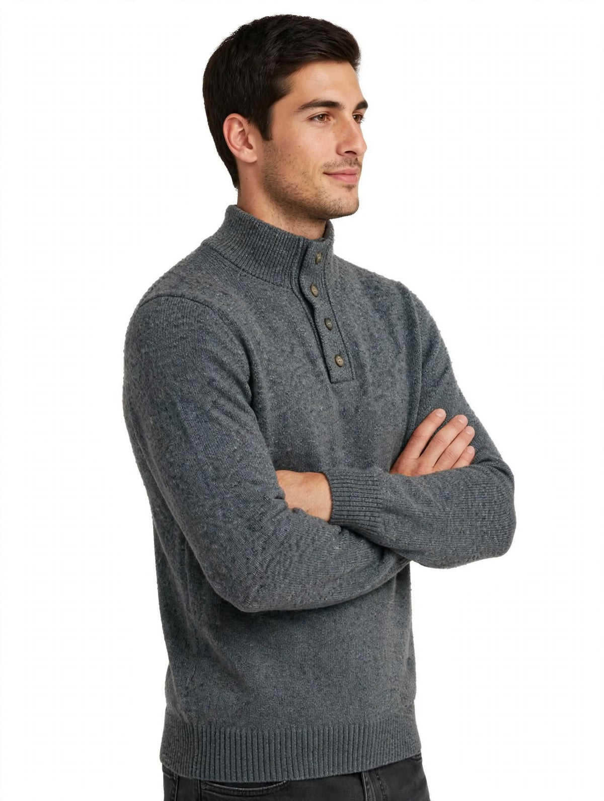 Maglione Uomo Collo Alto con Bottoni Val di Chiana - Grigio Melange - Made in Italy