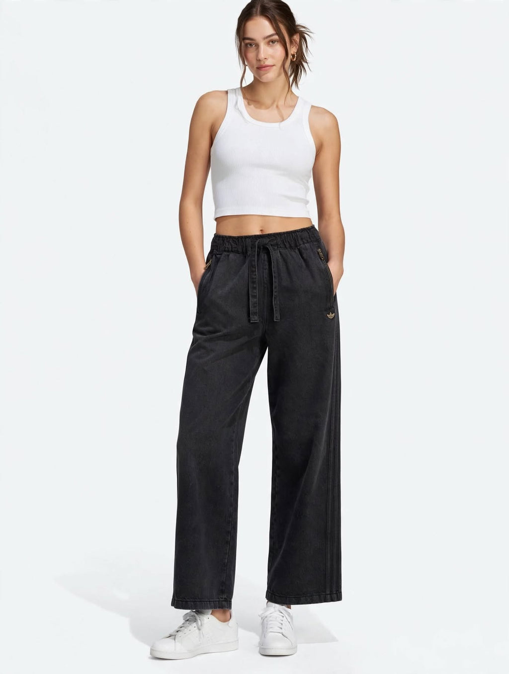 Adidas Originals Pantaloni Trackpants in Denim 3-Stripes Wide Leg - Nero