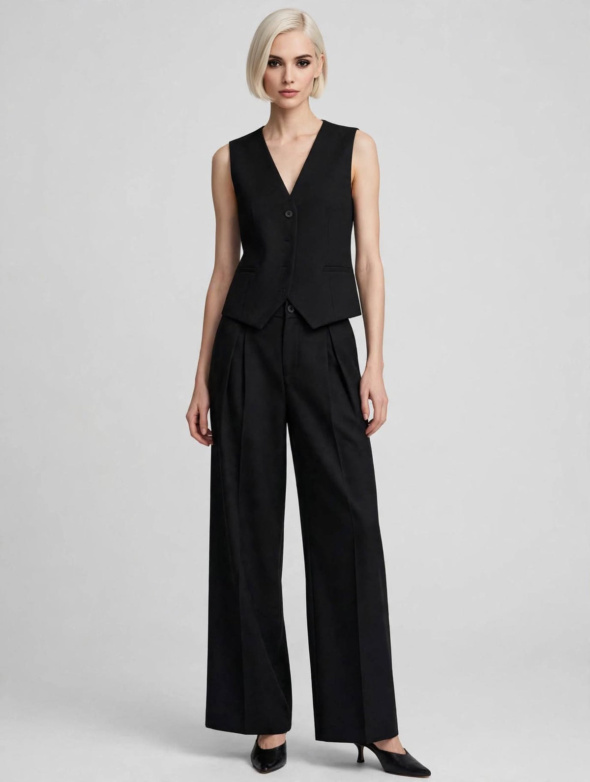 ELEH Completo Tailleur Donna Gilet + Pantalone Palazzo Nero