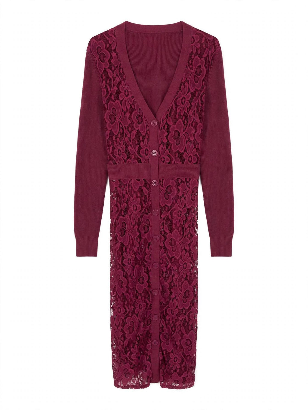 Materica Cardigan Lungo Donna in Pizzo Floreale - Bordeaux / Verde Militare