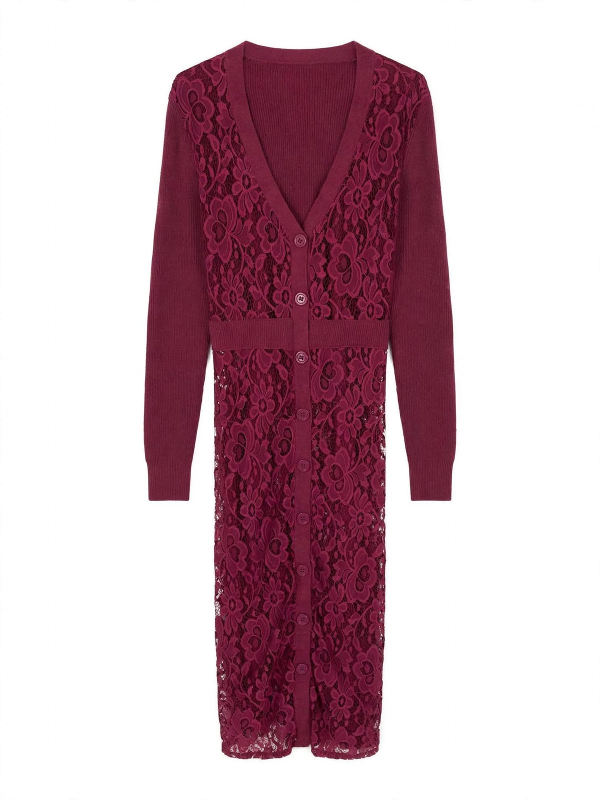 Materica Cardigan Lungo Donna in Pizzo Floreale - Bordeaux / Verde Militare