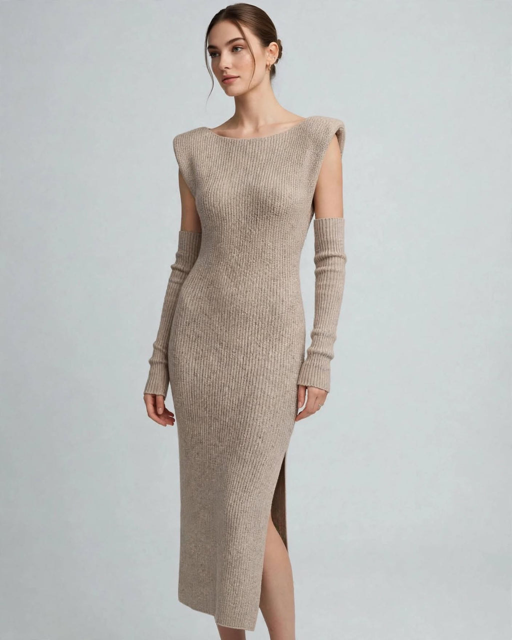 VICOLO Abito Lungo in Maglia a Coste con Spalline Strutturate e Manicotti Staccati - Mod. 77331F - Beige - Spacco Laterale - Taglia Unica