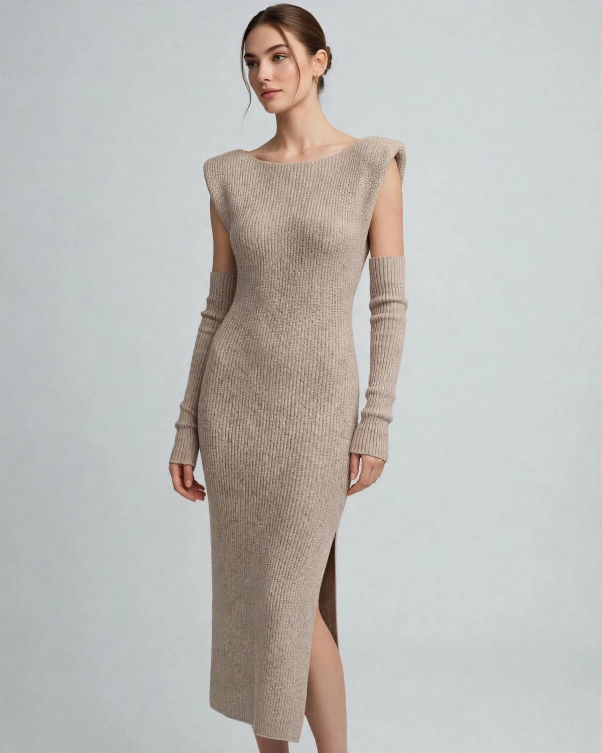 VICOLO Abito Lungo in Maglia a Coste con Spalline Strutturate e Manicotti Staccati - Mod. 77331F - Beige - Spacco Laterale - Taglia Unica