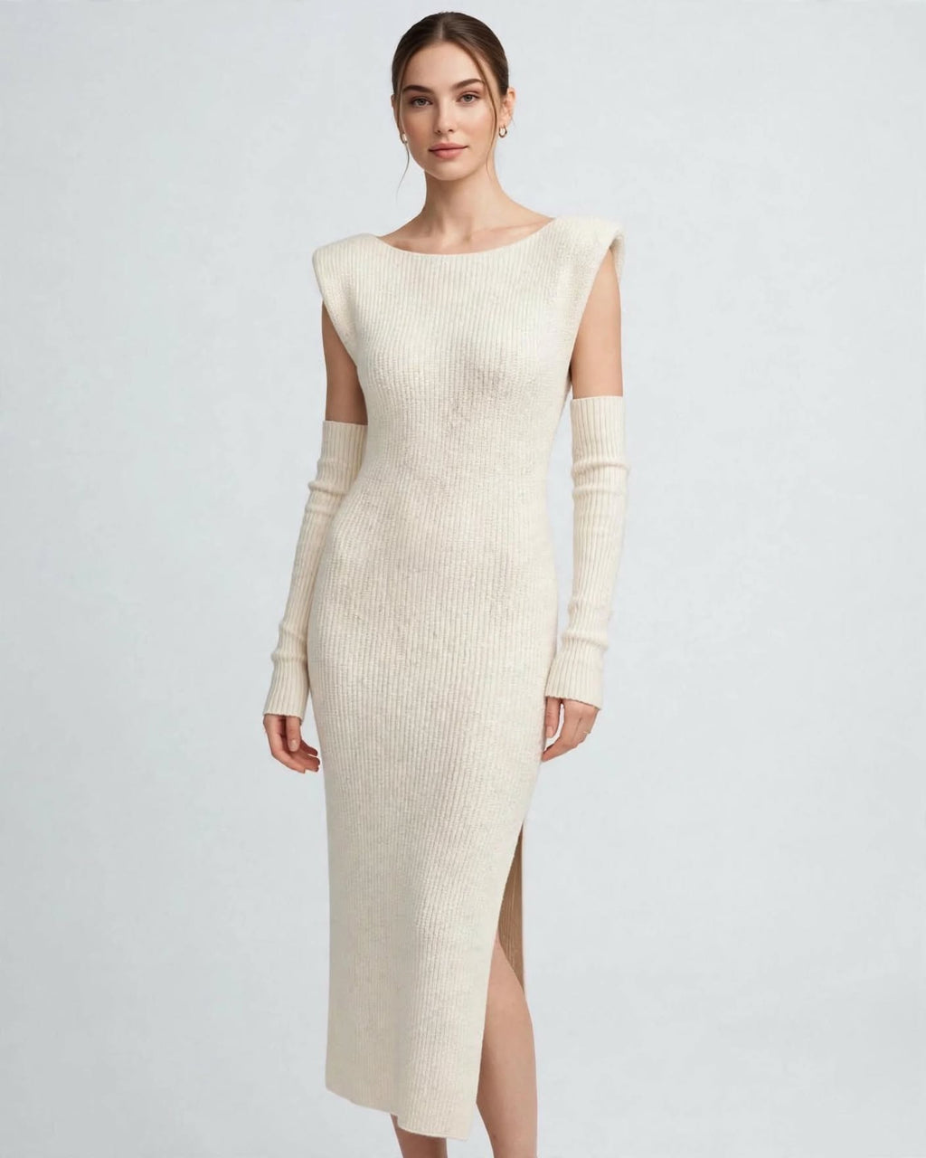 VICOLO Abito Lungo in Maglia a Coste con Spalline Strutturate e Manicotti Staccati - Mod. 77331F - Beige - Spacco Laterale - Taglia Unica