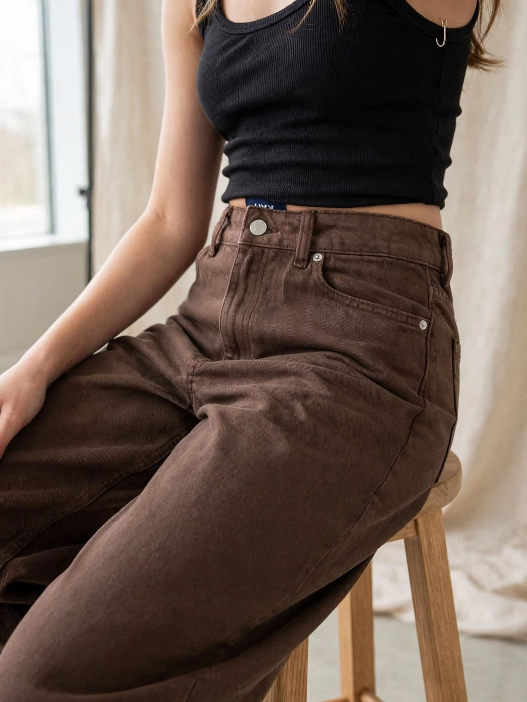 JJXX by Jack & Jones Jeans Donna SAKAI Baggy Barrel - Marrone Cioccolato - Vita Alta Gamba Ampia