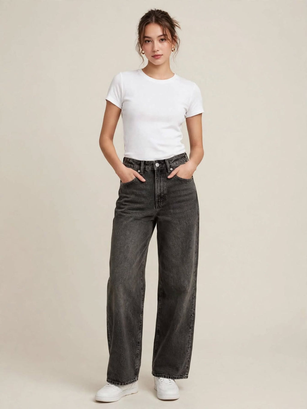 JJXX by Jack & Jones Jeans Donna JXTOKYO Wide HW - Gamba Larga Vita Alta - Black Denim Lavato Grigio