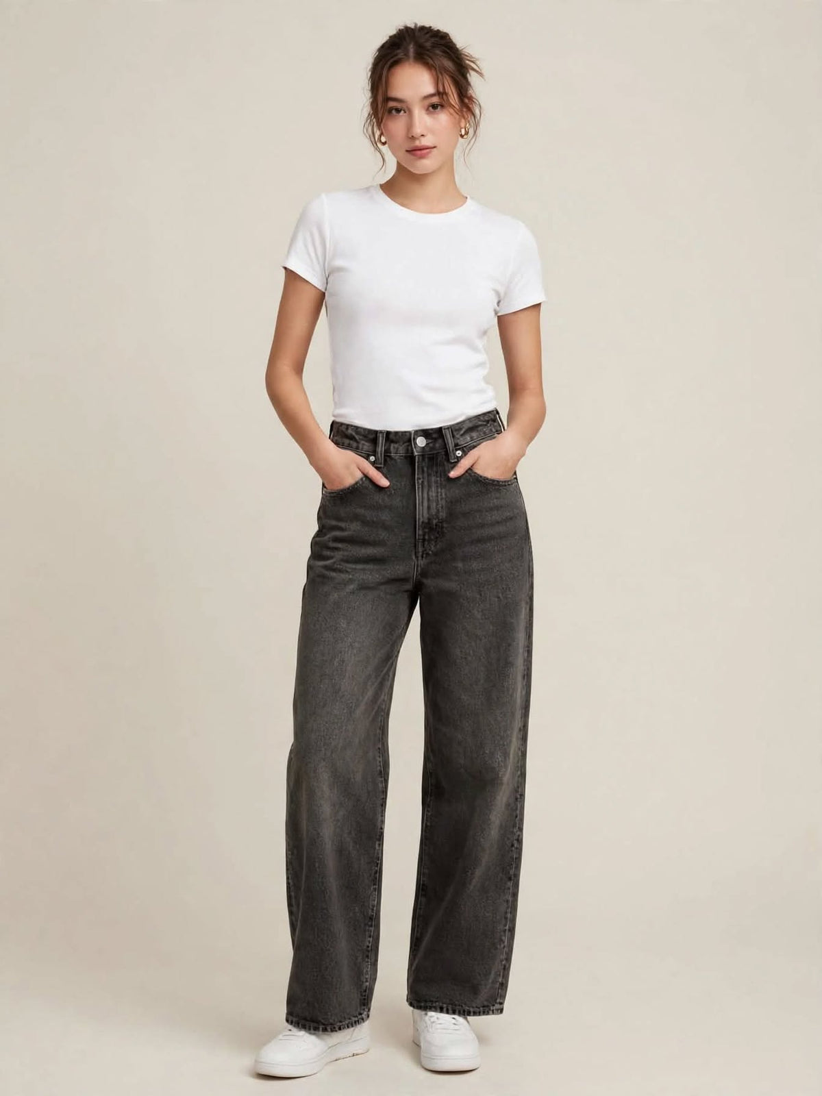 JJXX by Jack & Jones Jeans Donna JXTOKYO Wide HW - Gamba Larga Vita Alta - Black Denim Lavato Grigio