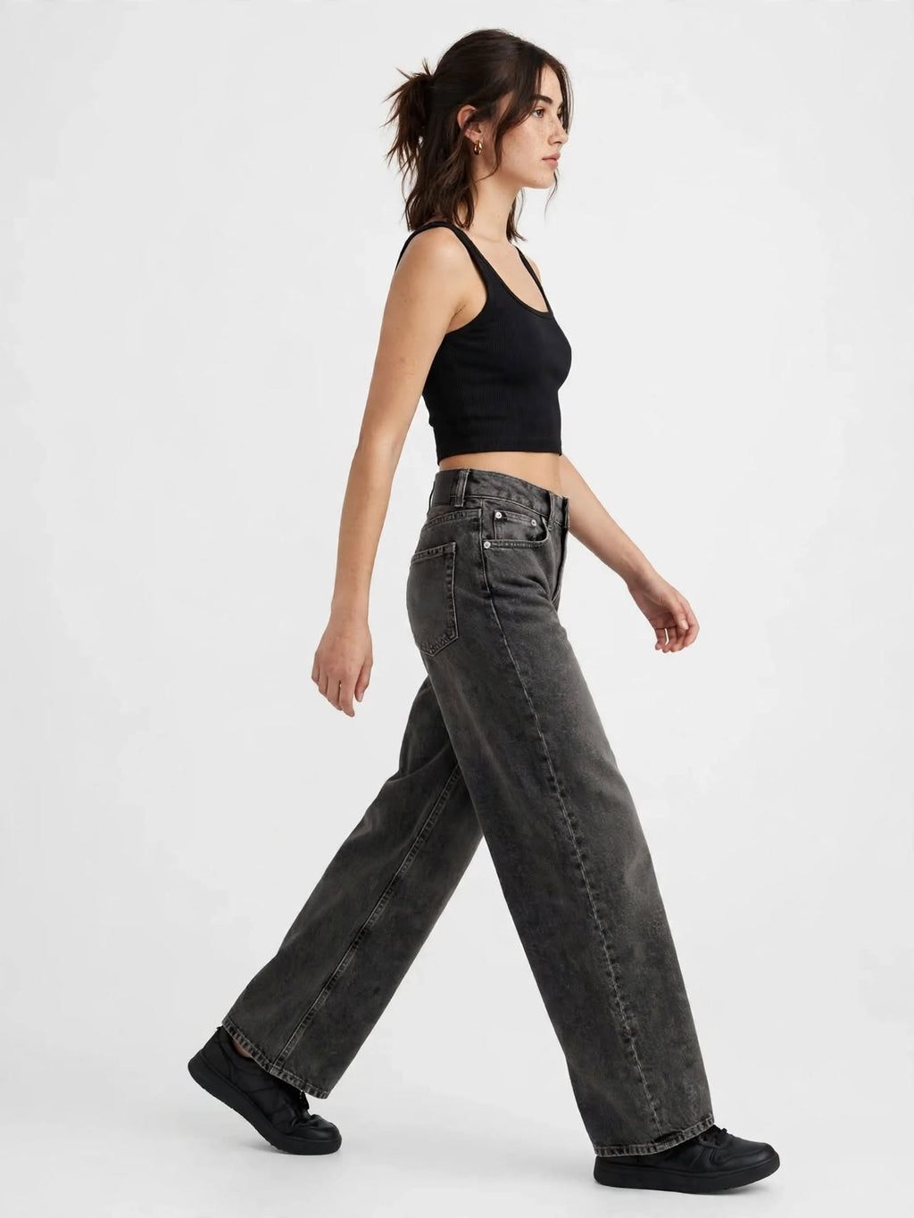 JJXX by Jack & Jones Jeans Donna JXTOKYO Wide HW - Gamba Larga Vita Alta - Black Denim Lavato Grigio