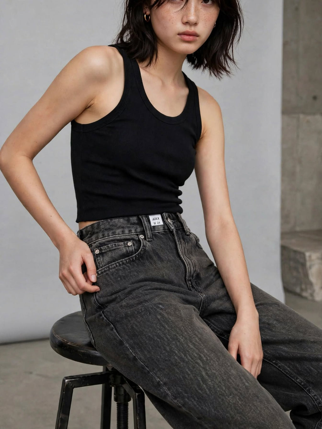 JJXX by Jack & Jones Jeans Donna JXTOKYO Wide HW - Gamba Larga Vita Alta - Black Denim Lavato Grigio