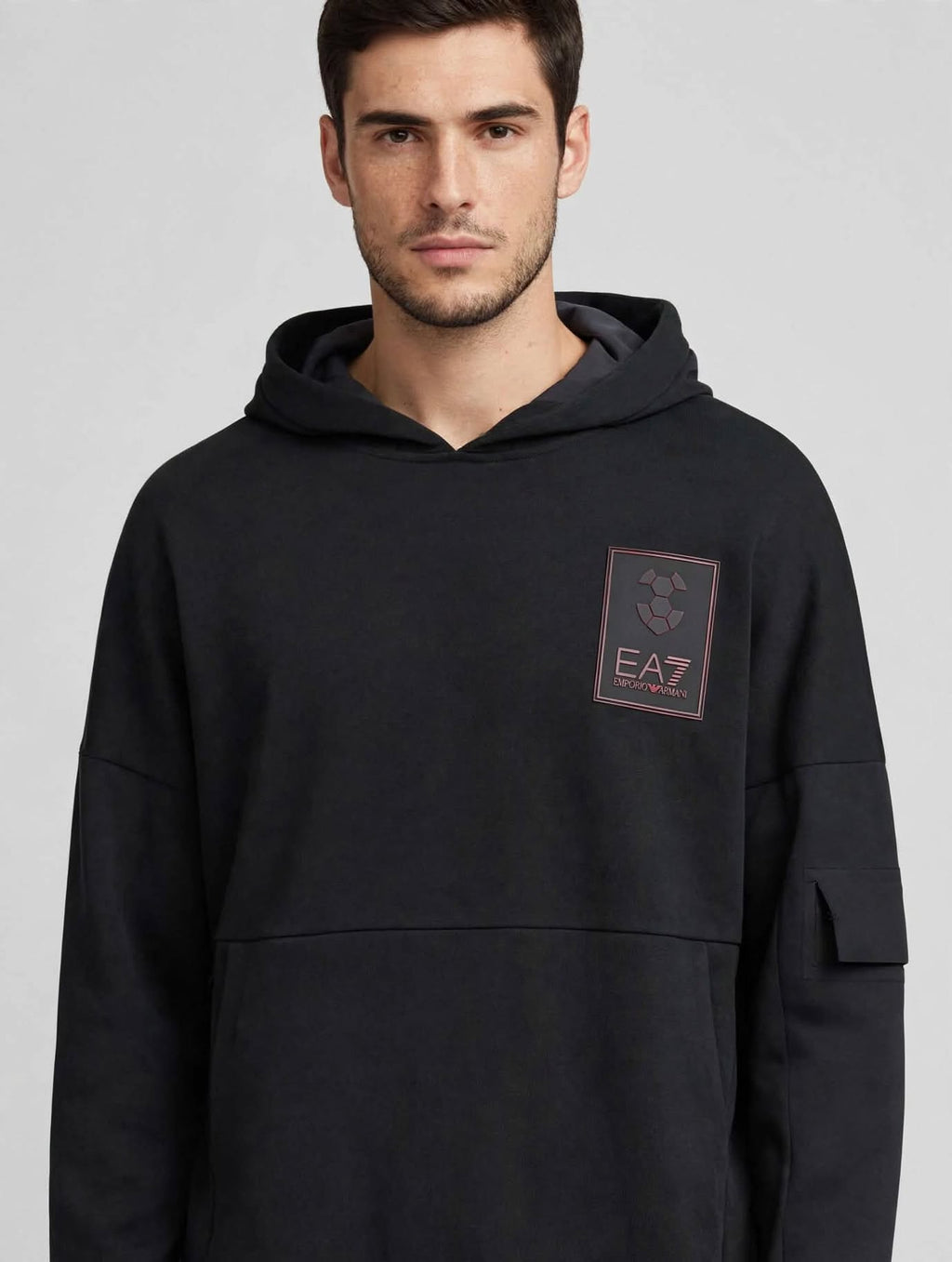 EA7 Emporio Armani Felpa Uomo Nera con Cappuccio - Shield Logo Football Patch 7.0