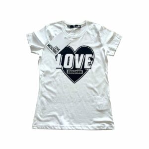 love moschino love scritta con piccolo cuore nero su maglia bianca t shirt love moschino